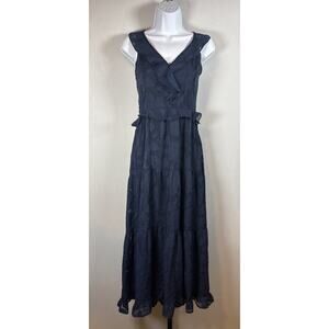 Heartloom Ruffle Tiered Maxi Dress Women's Medium Navy Blue Back Cutout Floral